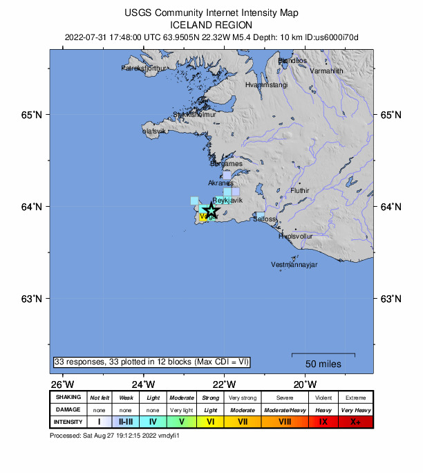 USGS DYFI community-reported intensity map for the M5.4 earthquake near 3 km SSE of Vogar, Iceland