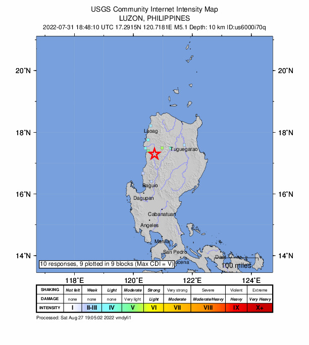 USGS DYFI community-reported intensity map for the M5.1 earthquake near 13 km S of San Ramon, Philippines