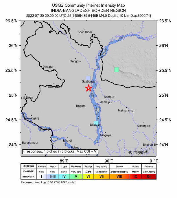 USGS DYFI community-reported intensity map for the M4.0 earthquake near 27 km NE of Shibganj, Bangladesh