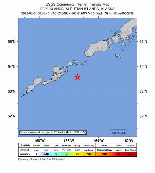 USGS DYFI community-reported intensity map for the M5.3 earthquake near 67 km SSE of Akutan, Alaska
