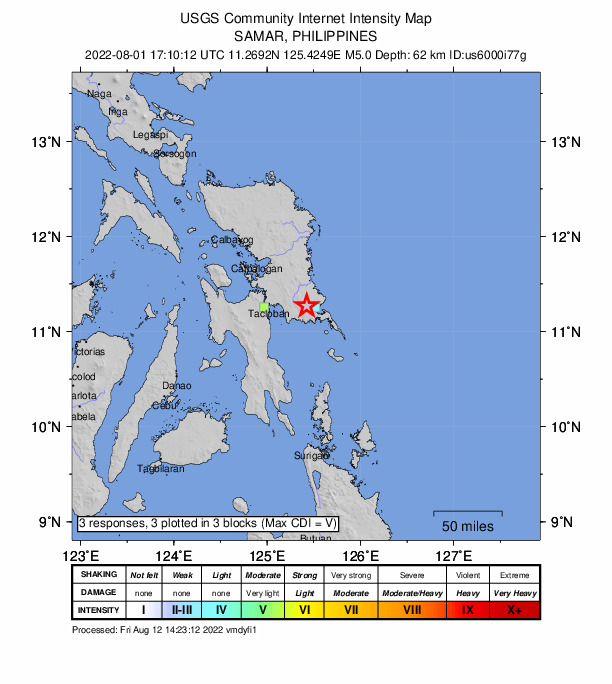 USGS DYFI community-reported intensity map for the M5.0 earthquake near Samar, Philippines