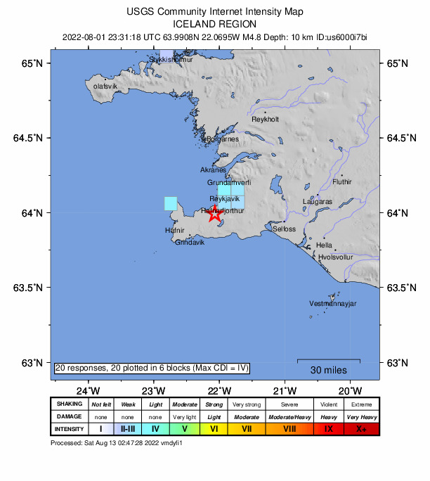 USGS DYFI community-reported intensity map for the M4.8 earthquake near 10 km SW of Hafnarfjörður, Iceland