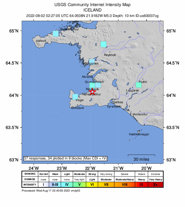 USGS DYFI community-reported intensity map for the M5.0 earthquake near 1 km SSE of Hafnarfjörður, Iceland