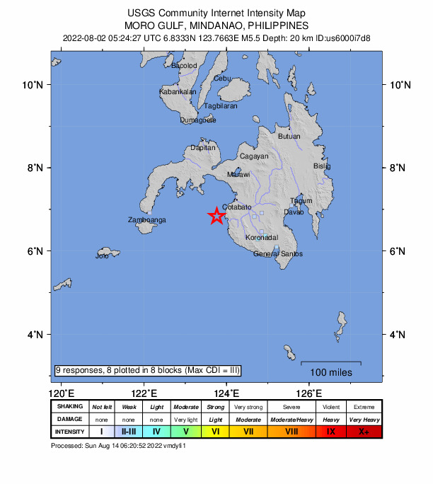 USGS DYFI community-reported intensity map for the M5.5 earthquake near 28 km W of Gadung, Philippines