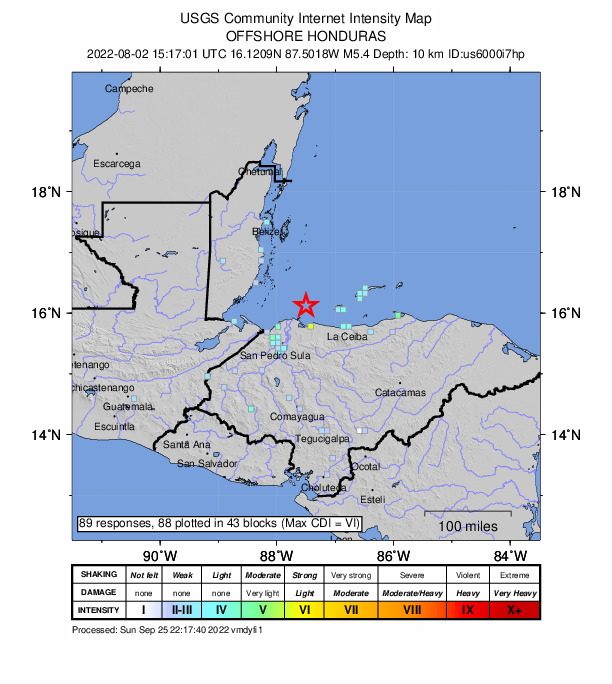 USGS DYFI community-reported intensity map for the M5.4 earthquake near 38 km N of Tela, Honduras