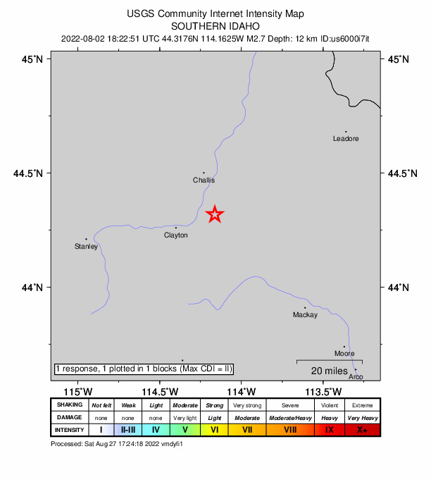 USGS DYFI community-reported intensity map for the M2.7 earthquake near 20 km ENE of Clayton, Idaho