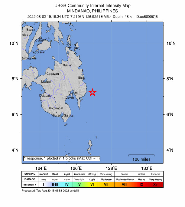 USGS DYFI community-reported intensity map for the M5.4 earthquake near 34 km ESE of Santiago, Philippines