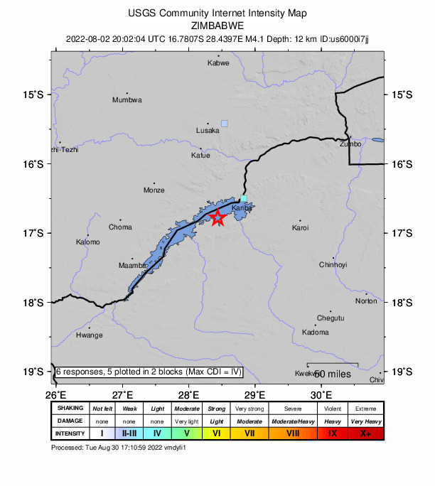USGS DYFI community-reported intensity map for the M4.1 earthquake near 39 km SW of Siavonga, Zambia