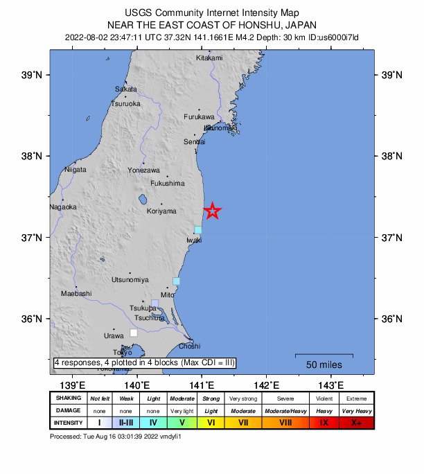 USGS DYFI community-reported intensity map for the M4.2 earthquake near 23 km SE of Namie, Japan