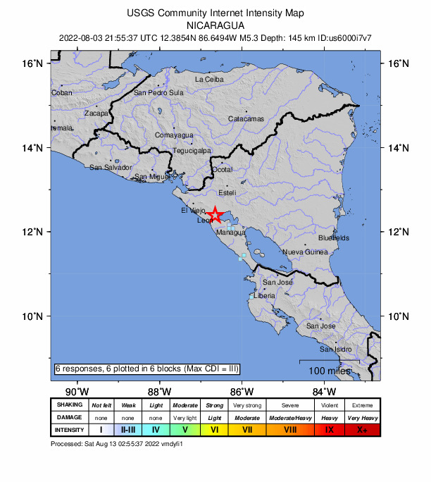 USGS DYFI community-reported intensity map for the M5.3 earthquake near 4 km N of La Paz Centro, Nicaragua