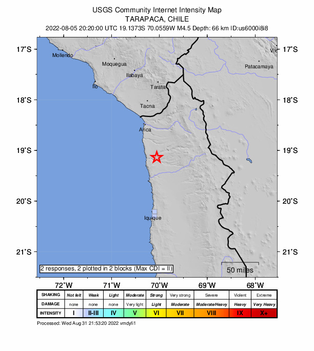 USGS DYFI community-reported intensity map for the M4.5 earthquake near 77 km SSE of Arica, Chile
