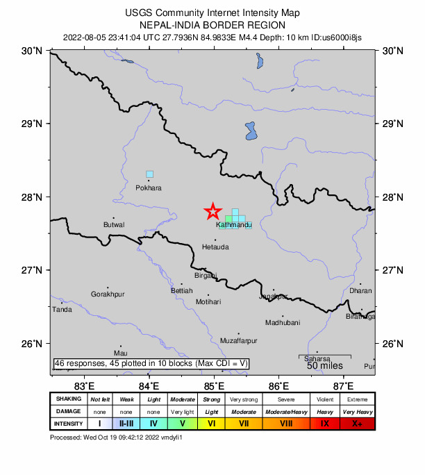USGS DYFI community-reported intensity map for the M4.4 earthquake near 31 km WNW of Kirtipur, Nepal