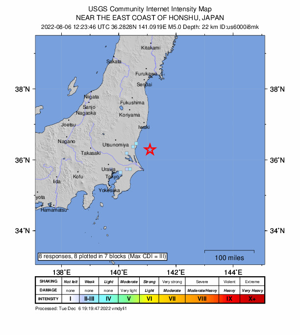 USGS DYFI community-reported intensity map for the M5.0 earthquake near 45 km E of ?arai, Japan
