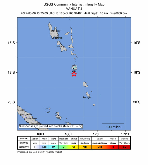 USGS DYFI community-reported intensity map for the M4.8 earthquake near 39 km S of Port-Vila, Vanuatu