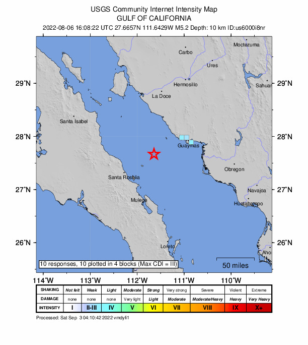 USGS DYFI community-reported intensity map for the M5.2 earthquake near 67 km WSW of San Carlos, Mexico