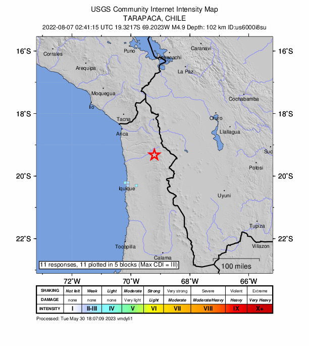USGS DYFI community-reported intensity map for the M4.9 earthquake near 140 km NE of Iquique, Chile