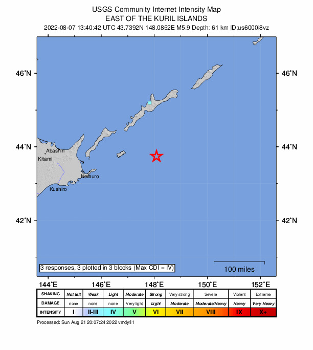 USGS DYFI community-reported intensity map for the M5.9 earthquake near 109 km E of Shikotan, Russia