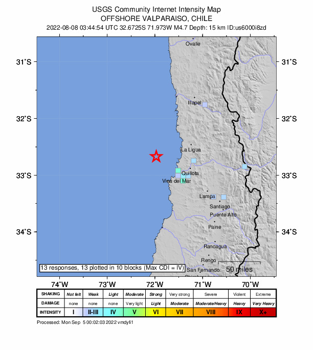 USGS DYFI community-reported intensity map for the M4.7 earthquake near 51 km NW of Valparaíso, Chile