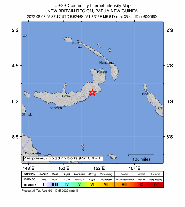 USGS DYFI community-reported intensity map for the M5.6 earthquake near 142 km SSW of Kokopo, Papua New Guinea