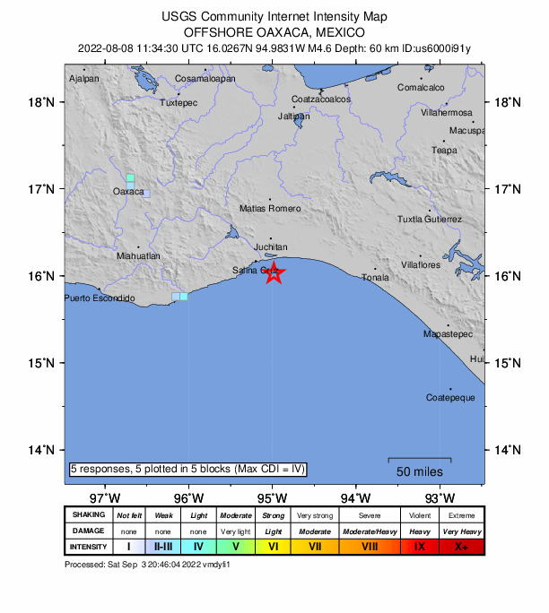USGS DYFI community-reported intensity map for the M4.6 earthquake near 20 km S of San Mateo del Mar, Mexico