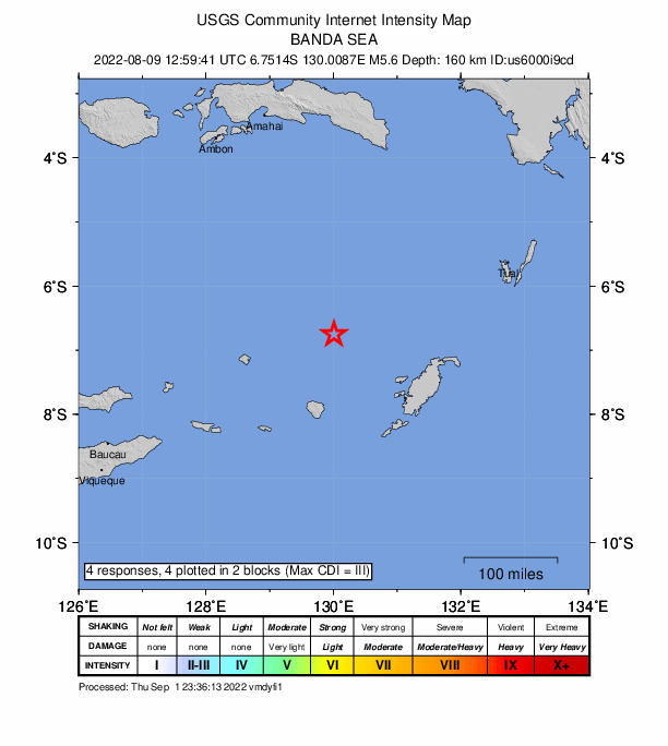 USGS DYFI community-reported intensity map for the M5.6 earthquake near Banda Sea