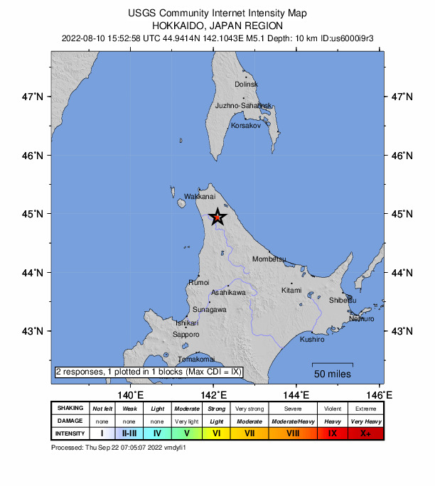 USGS DYFI community-reported intensity map for the M5.1 earthquake near 51 km SSE of Makubetsu, Japan
