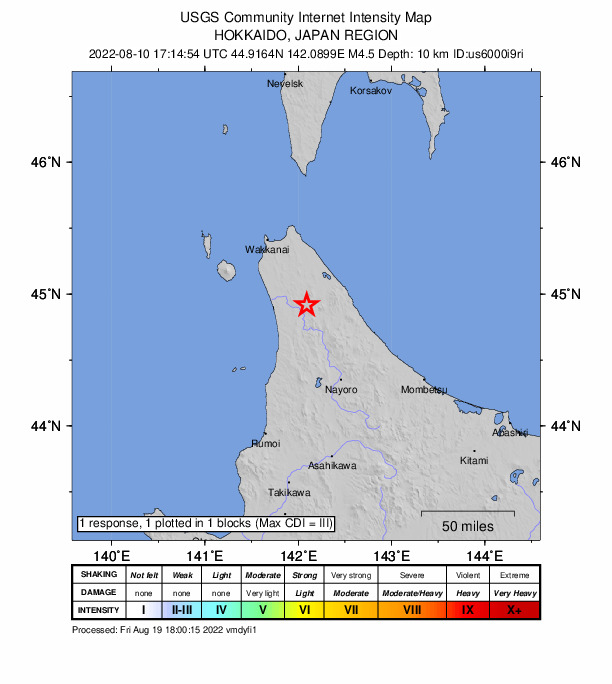 USGS DYFI community-reported intensity map for the M4.5 earthquake near 54 km SSE of Makubetsu, Japan