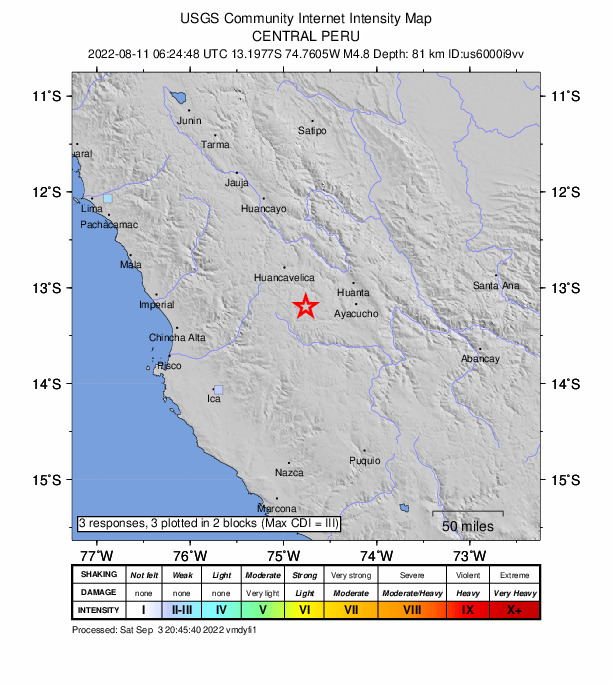 USGS DYFI community-reported intensity map for the M4.8 earthquake near 24 km SE of Huachocolpa, Peru