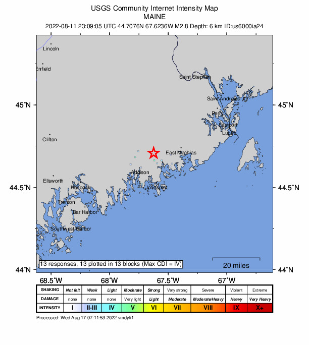 USGS DYFI community-reported intensity map for the M2.8 earthquake near 4 km E of Centerville, Maine