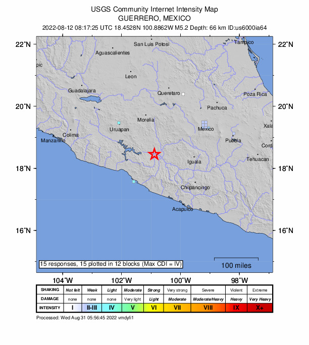 USGS DYFI community-reported intensity map for the M5.2 earthquake near 10 km E of Zirándaro de los Chávez, Mexico