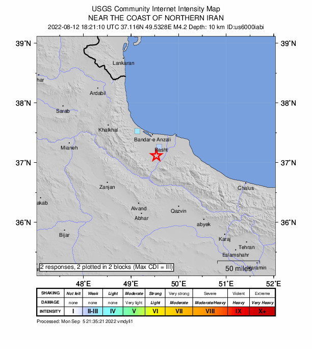 USGS DYFI community-reported intensity map for the M4.2 earthquake near 18 km SSW of Rasht, Iran