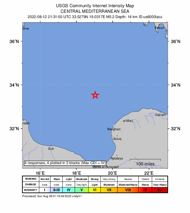 USGS DYFI community-reported intensity map for the M5.2 earthquake near 180 km NW of T?krah, Libya