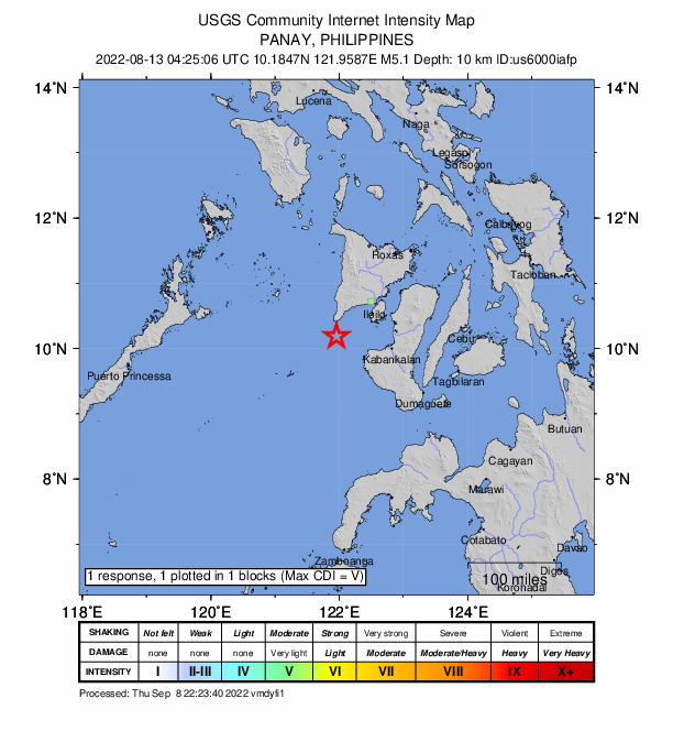 USGS DYFI community-reported intensity map for the M5.1 earthquake near 26 km S of Magdalena, Philippines