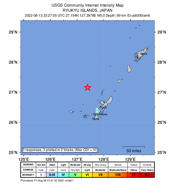 USGS DYFI community-reported intensity map for the M5.0 earthquake near 83 km NW of Nago, Japan