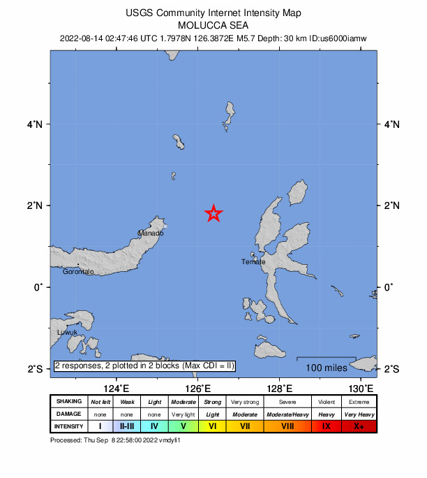 USGS DYFI community-reported intensity map for the M5.7 earthquake near 157 km NW of Ternate, Indonesia