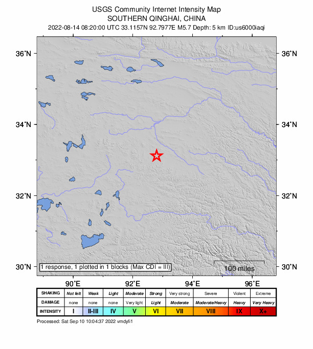 USGS DYFI community-reported intensity map for the M5.7 earthquake near 194 km NNE of Nagqu, China