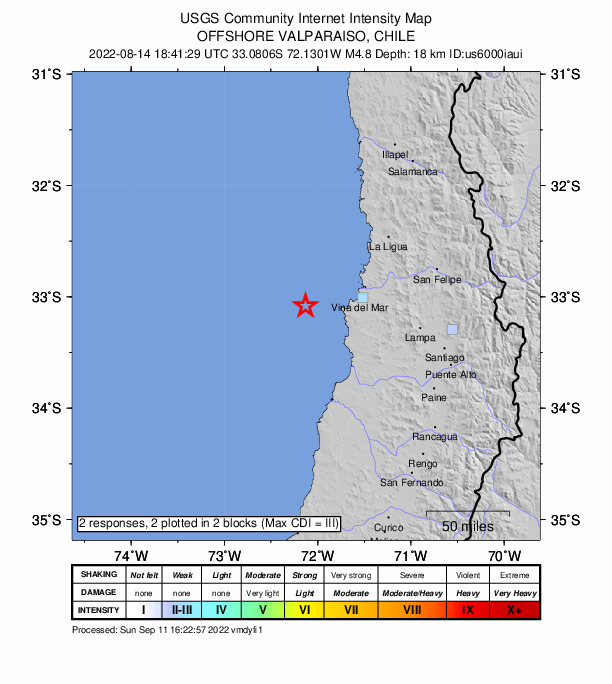 USGS DYFI community-reported intensity map for the M4.8 earthquake near Off the coast of Valparaiso, Chile