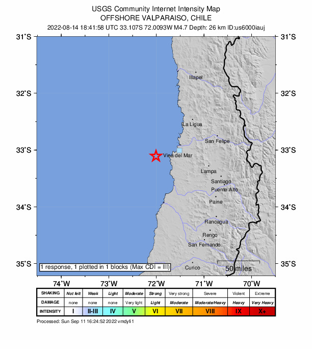 USGS DYFI community-reported intensity map for the M4.7 earthquake near 36 km WSW of Valparaíso, Chile