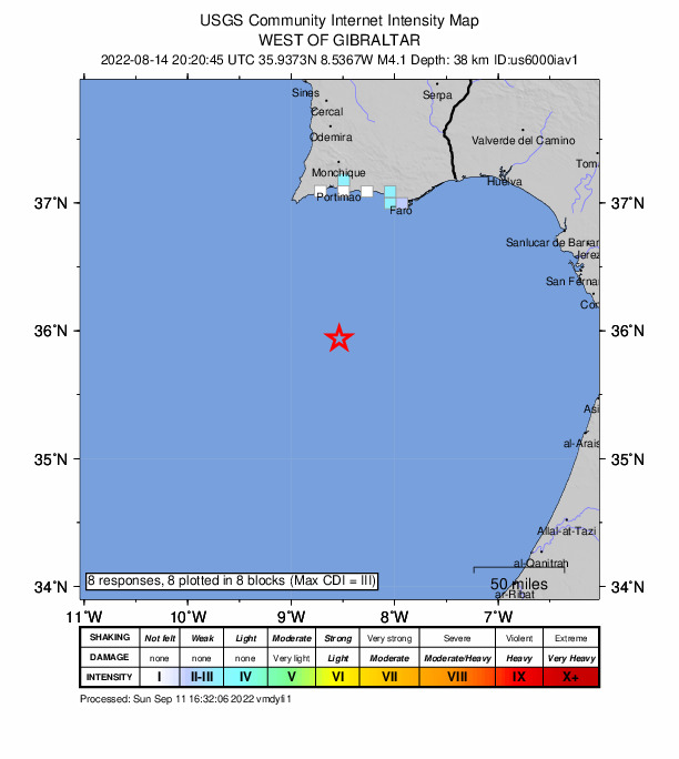 USGS DYFI community-reported intensity map for the M4.1 earthquake near 124 km SSE of Sagres, Portugal