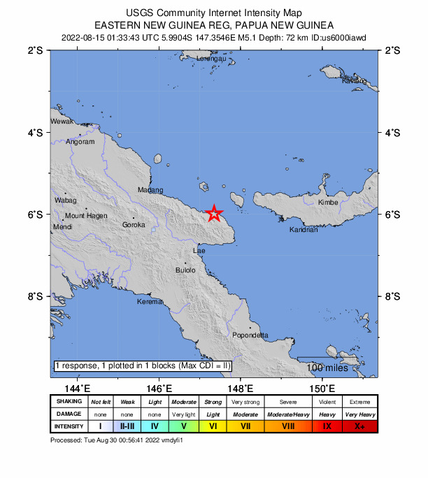 USGS DYFI community-reported intensity map for the M5.1 earthquake near 83 km NW of Finschhafen, Papua New Guinea