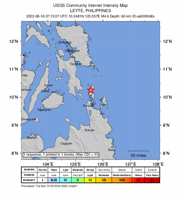 USGS DYFI community-reported intensity map for the M4.7 earthquake near 12 km E of Tubajon, Philippines