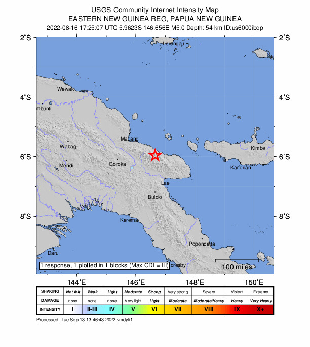 USGS DYFI community-reported intensity map for the M5.0 earthquake near 92 km NNW of Lae, Papua New Guinea