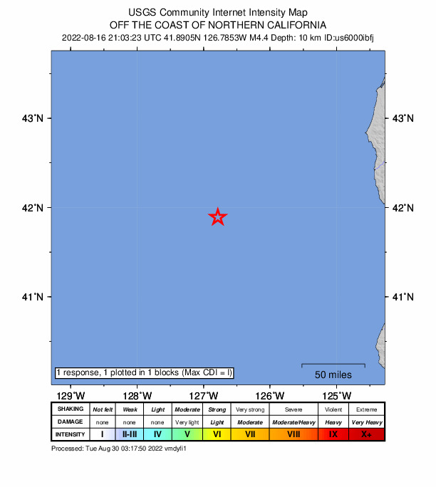 USGS DYFI community-reported intensity map for the M4.4 earthquake near 202 km WSW of Pistol River, Oregon