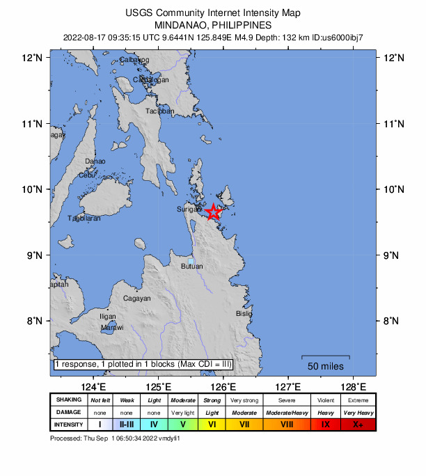 USGS DYFI community-reported intensity map for the M4.9 earthquake near 13 km W of Socorro, Philippines