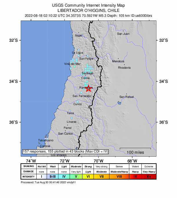 USGS DYFI community-reported intensity map for the M5.3 earthquake near 21 km S of Machalí, Chile