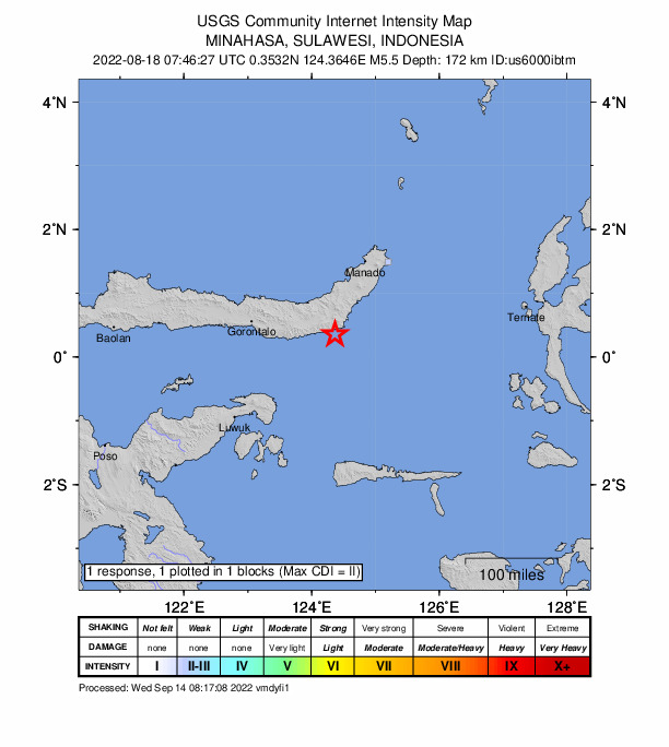 USGS DYFI community-reported intensity map for the M5.5 earthquake near Minahasa, Sulawesi, Indonesia
