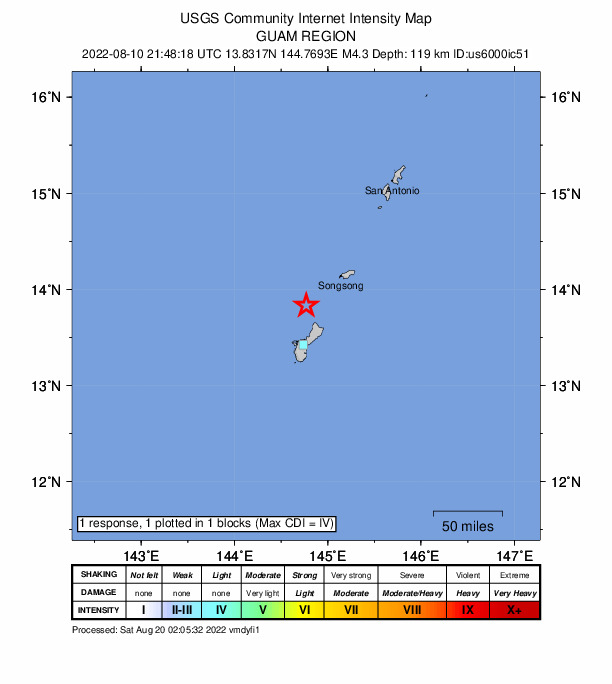 USGS DYFI community-reported intensity map for the M4.3 earthquake near 35 km NNW of Yigo Village, Guam