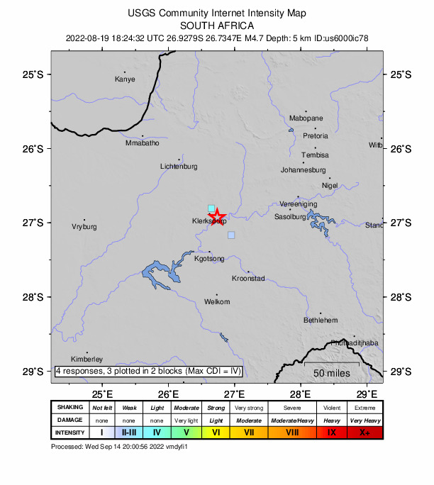 USGS DYFI community-reported intensity map for the M4.7 earthquake near 8 km NE of Orkney, South Africa