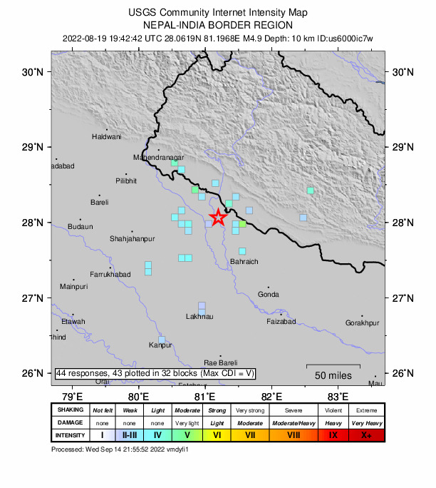 USGS DYFI community-reported intensity map for the M4.9 earthquake near 12 km NE of Dhaurahra, India
