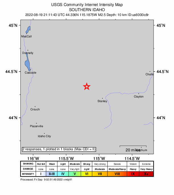 USGS DYFI community-reported intensity map for the M2.5 earthquake near 23 km WNW of Stanley, Idaho